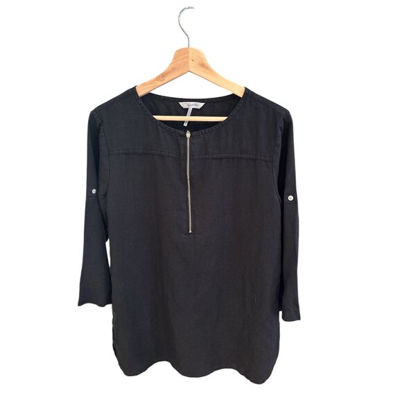Ellen Tracy Black Magic 100% Linen Blouse Small Zip Front 3/4 Sleeve Womens Top - Picture 1 of 7